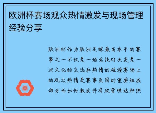 欧洲杯赛场观众热情激发与现场管理经验分享